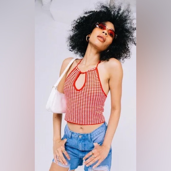 ZARA KNIT RED WHITE HALTER CROP TOP - Picture 2 of 10